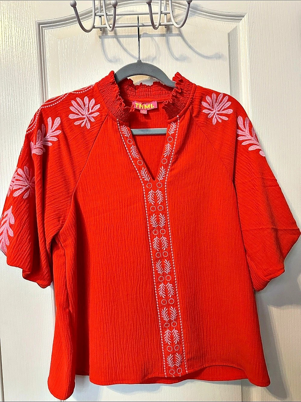 THML Orange with Pink Floral Embroidered Blouse in Women’s Size Medium